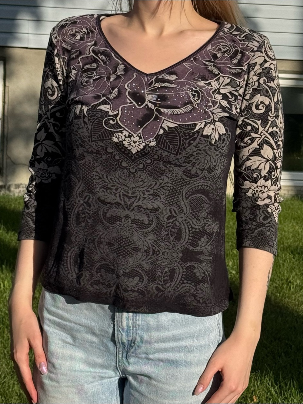 Vanilla Sugar Black and Purple 3/4 Sleeve Graphic Top